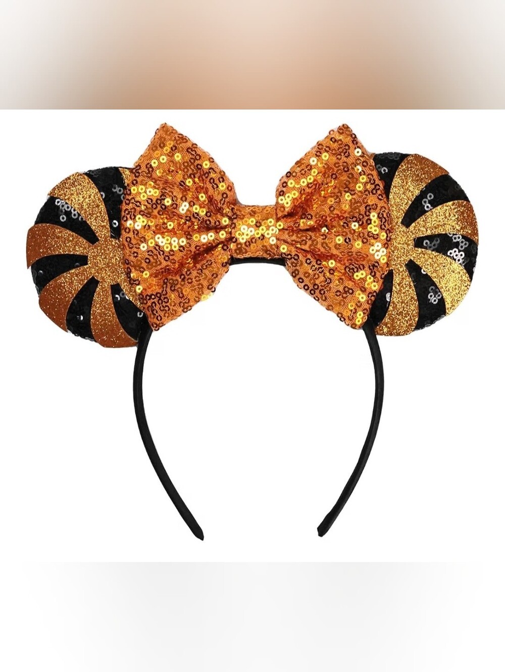 Halloween Minnie Mouse Ears Headband – Orange & Black Sequin Bow
